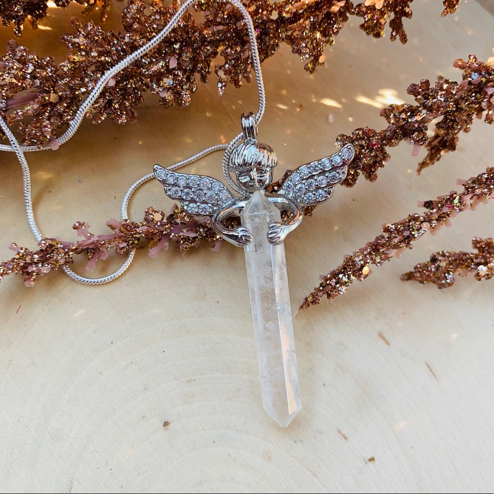 Quartz crystal & Silver Angel Pendant Necklace